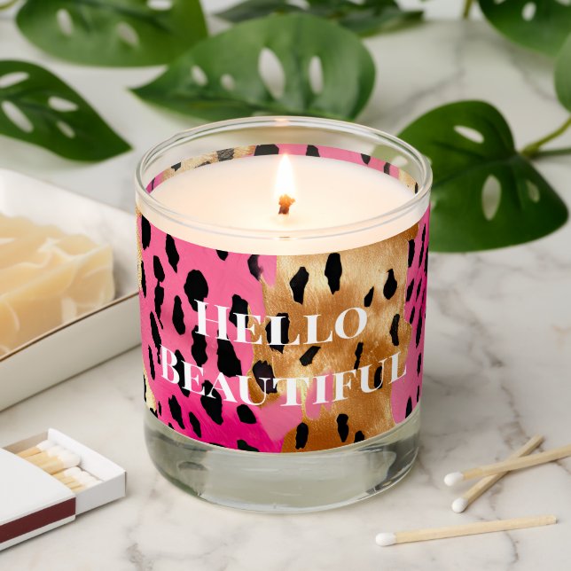 Girly Glam Gold Pink Black Leopard  Scented Candle (Lit)