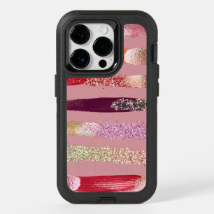 Girly Glam Gold Pink Glitter Metallic Brushstrokes OtterBox iPhone 14 Pro Case