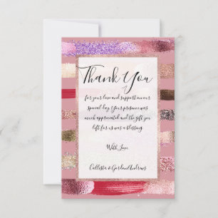 Girly Glam Gold Pink Glitter Metallic Brushstrokes Thank You Card