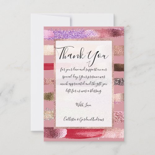 Girly Glam Gold Pink Glitter Metallic Brushstrokes Thank You Card