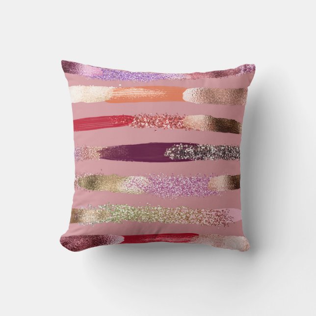 Girly Glam Gold Pink Glitter Metallic Brushstrokes Throw Pillow (Front)
