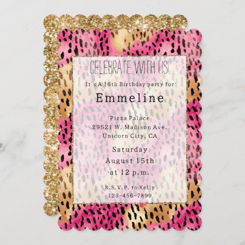 Girly Glam Gold Pink Leopard Invitation