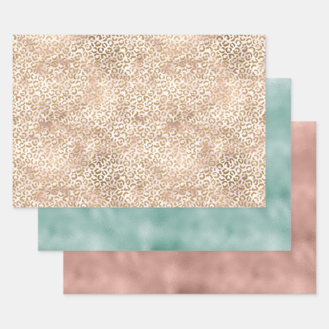Girly Glam Gold Pink Leopard Print Wrapping Paper Sheets (Set)