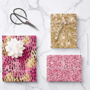 Girly Glam Gold Pink Leopard Wrapping Paper Sheets