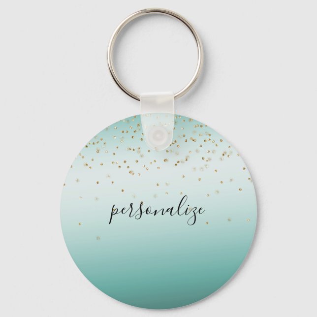 Girly Glam Gold Sparkle Confetti Mint Ombre person Keychain (Front)