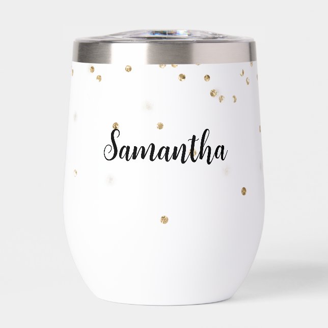 Girly Glam Gold Sparkle Confetti Personalized Thermal Wine Tumbler (Front)