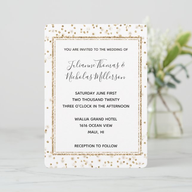 Girly Glam Gold Sparkle Confetti Wedding Invites (Standing Front)