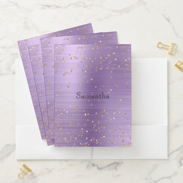 Girly Glam Gold Sparkle Purple Confetti Pocket Folder (In Situ)