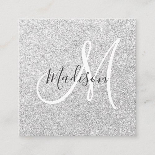 Girly  Glam Gray Silver Glitter Sparkle Monogram Square Business Card