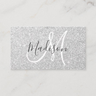 Girly & Glam Gray Silver Glitter Sparkles Monogram Business Card