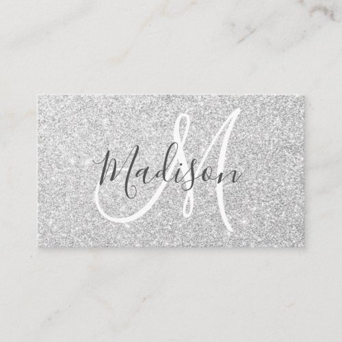 Girly  Glam Gray Silver Glitter Sparkles Monogram Business Card