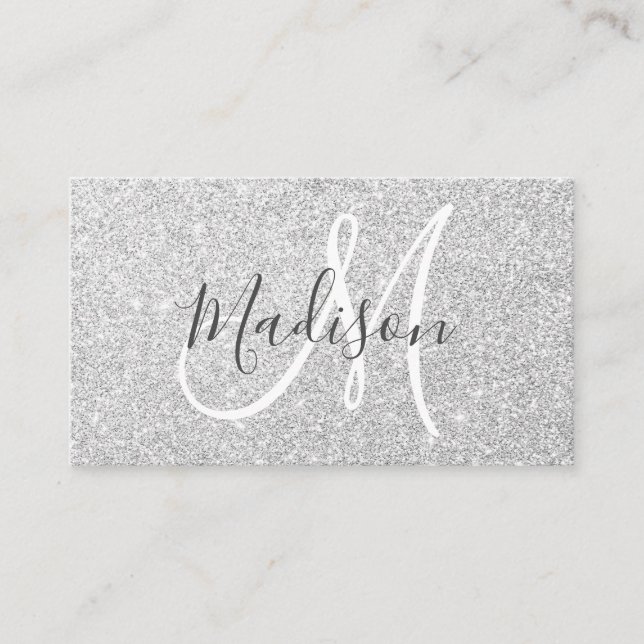 Girly & Glam Gray Silver Glitter Sparkles Monogram Business Card (Front)