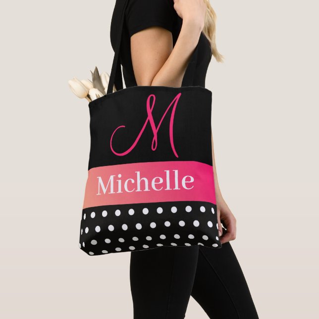 Girly Glam Hot Pink and black Monogram Name Tote Bag (Close Up)