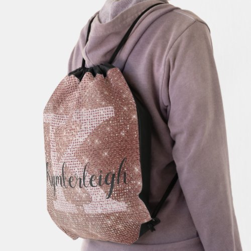 Girly Glam Hot Pink Glitter Sparkle Monogram Name Drawstring Bag