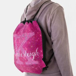 Girly Glam Hot Pink Glitter Sparkle Monogram Name Drawstring Bag