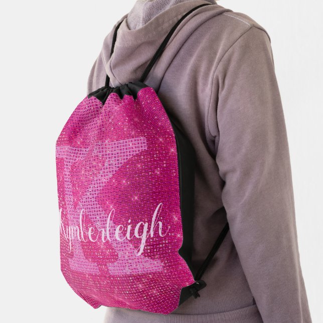 Girly Glam Hot Pink Glitter Sparkle Monogram Name Drawstring Bag (Insitu)