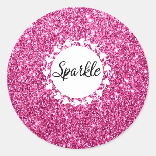 Girly  Glam Hot Pink Glitter Sparkle White Hearts Classic Round Sticker