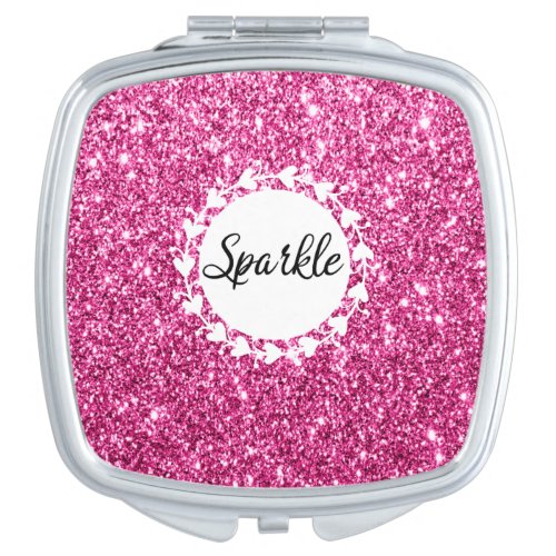 Girly  Glam Hot Pink Glitter Sparkle White Hearts Compact Mirror
