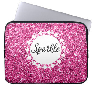 Girly & Glam Hot Pink Glitter Sparkle White Hearts Laptop Sleeve