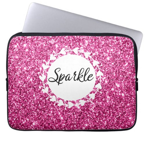 Girly  Glam Hot Pink Glitter Sparkle White Hearts Laptop Sleeve