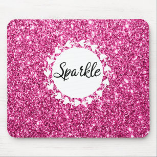 Girly & Glam Hot Pink Glitter Sparkle White Hearts Mouse Pad