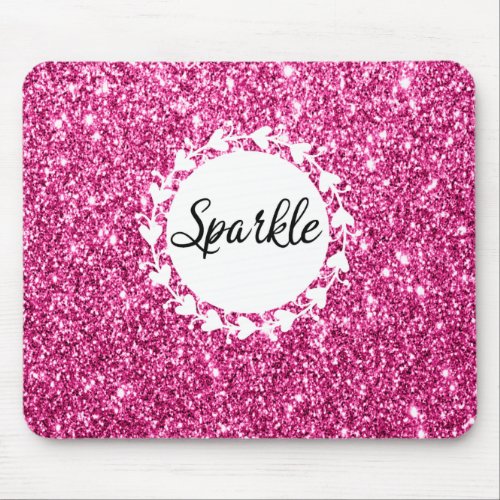 Girly  Glam Hot Pink Glitter Sparkle White Hearts Mouse Pad