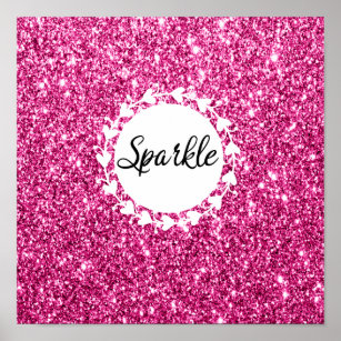 Girly & Glam Hot Pink Glitter Sparkle White Hearts Poster