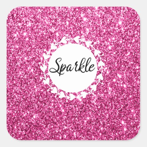 Girly  Glam Hot Pink Glitter Sparkle White Hearts Square Sticker