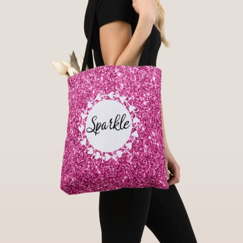 Girly  Glam Hot Pink Glitter Sparkle White Hearts Tote Bag