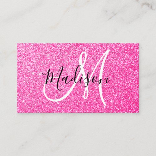 Girly  Glam Hot Pink Glitter Sparkles Monogram Business Card