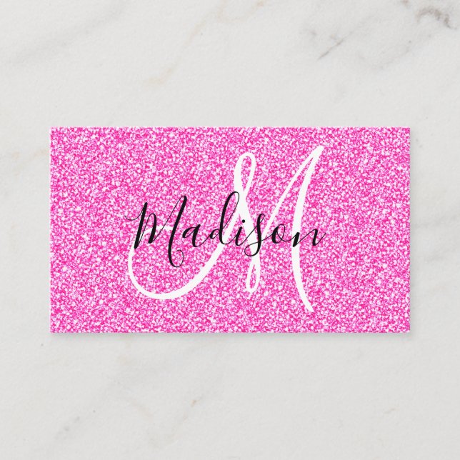 Girly & Glam Hot Pink Glitter Sparkles Monogram Business Card (Front)