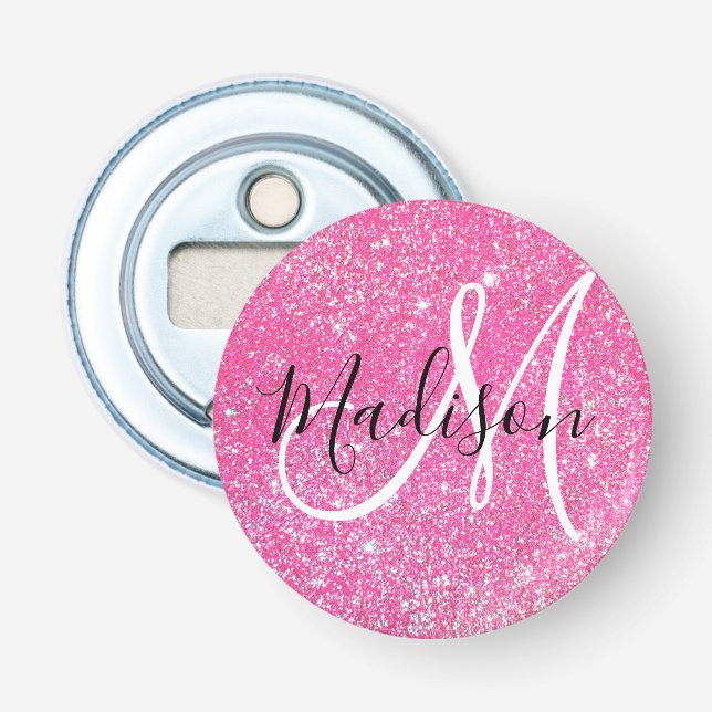 Girly Glam Hot Pink Glitter Sparkles Monogram Name Bottle Opener (Front)