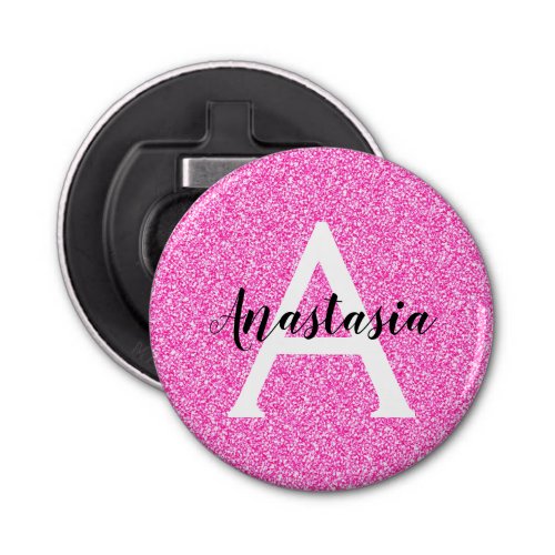 Girly Glam Hot Pink Glitter Sparkles Monogram Name Bottle Opener