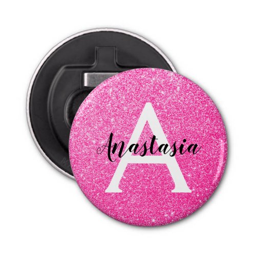 Girly Glam Hot Pink Glitter Sparkles Monogram Name Bottle Opener