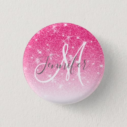 Girly Glam Hot Pink Glitter Sparkles Monogram Name Button