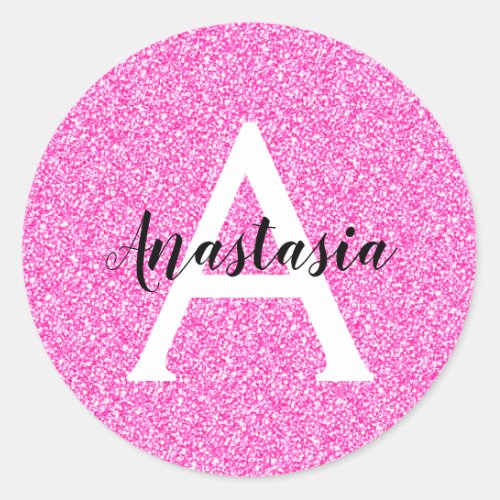 Girly Glam Hot Pink Glitter Sparkles Monogram Name Classic Round Sticker