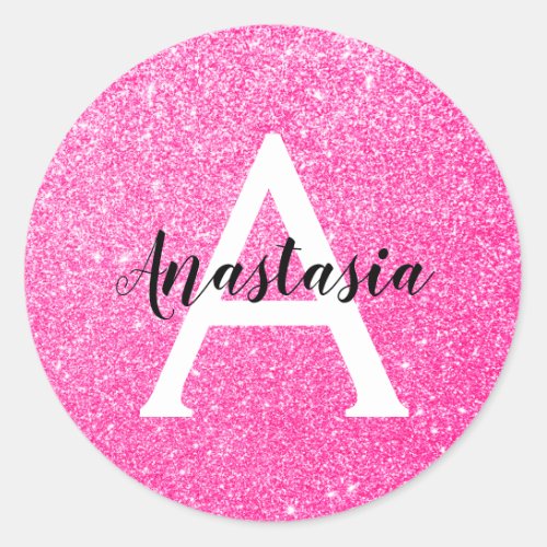 Girly Glam Hot Pink Glitter Sparkles Monogram Name Classic Round Sticker