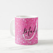 Girly Glam Hot Pink Glitter Sparkles Monogram Name Coffee Mug (Front Left)