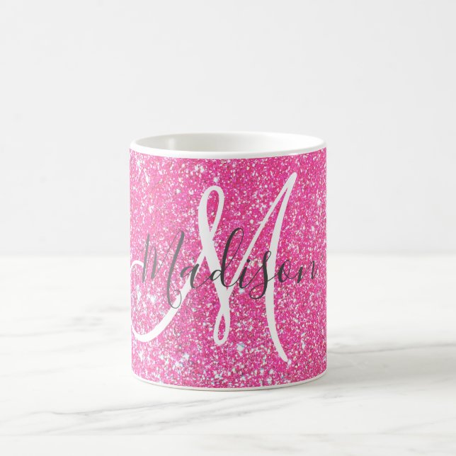 Girly Glam Hot Pink Glitter Sparkles Monogram Name Coffee Mug (Center)