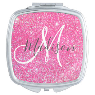Girly Glam Hot Pink Glitter Sparkles Monogram Name Compact Mirror