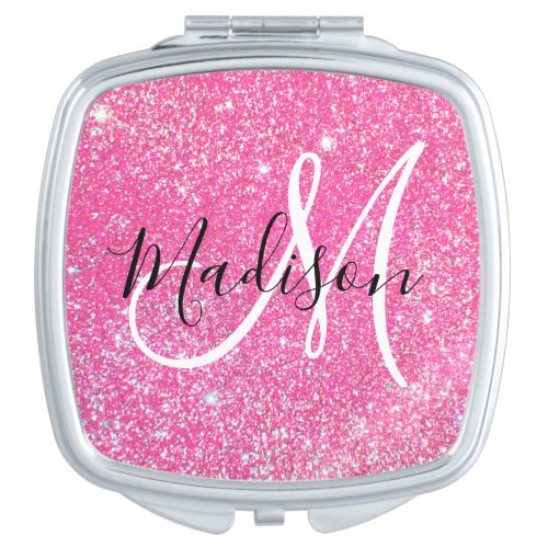 Girly Glam Hot Pink Glitter Sparkles Monogram Name Compact Mirror
