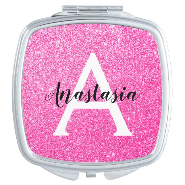 Girly Glam Hot Pink Glitter Sparkles Monogram Name Compact Mirror (Front)