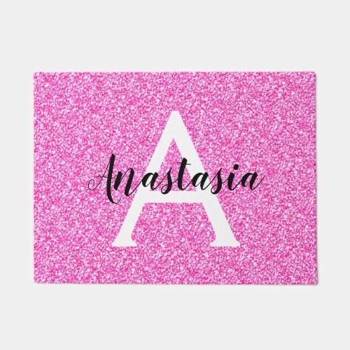 Girly Glam Hot Pink Glitter Sparkles Monogram Name Doormat