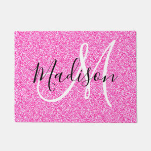 Girly Glam Hot Pink Glitter Sparkles Monogram Name Doormat
