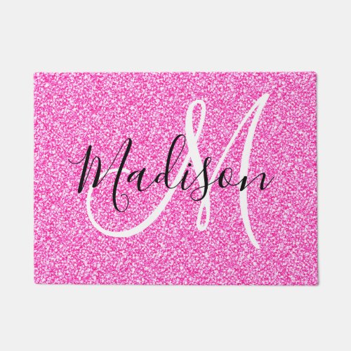 Girly Glam Hot Pink Glitter Sparkles Monogram Name Doormat