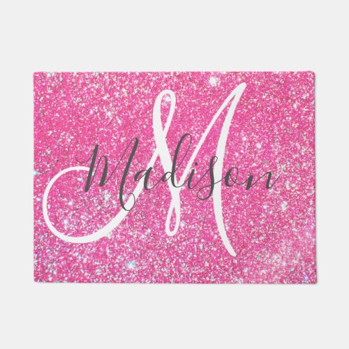 Girly Glam Hot Pink Glitter Sparkles Monogram Name Doormat