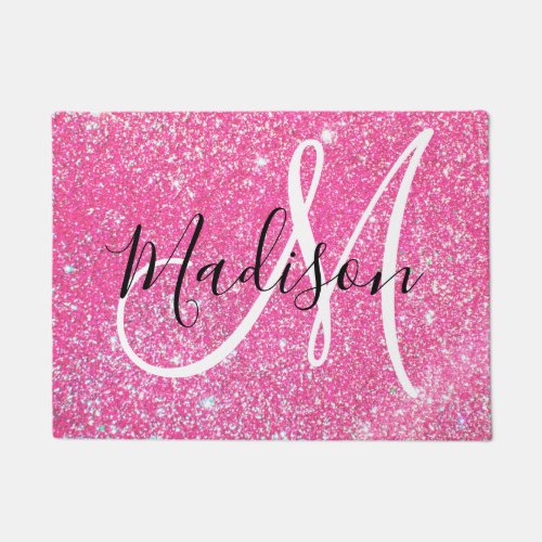 Girly Glam Hot Pink Glitter Sparkles Monogram Name Doormat