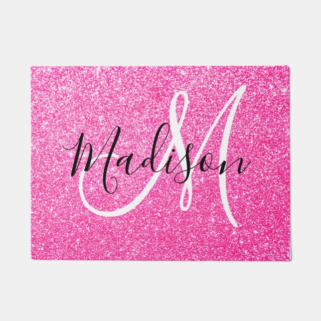 Girly Glam Hot Pink Glitter Sparkles Monogram Name Doormat (Front)
