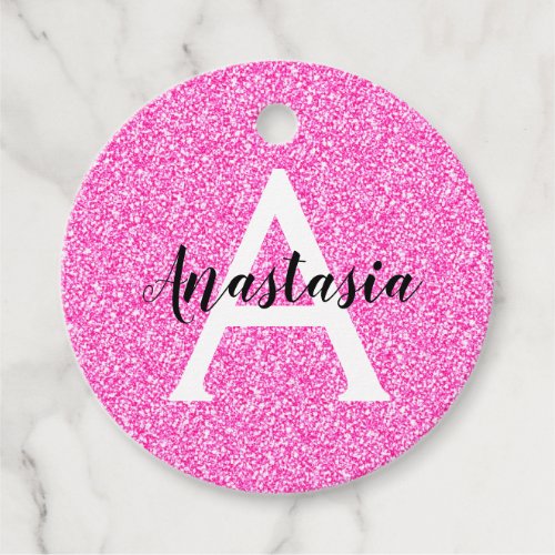 Girly Glam Hot Pink Glitter Sparkles Monogram Name Favor Tags