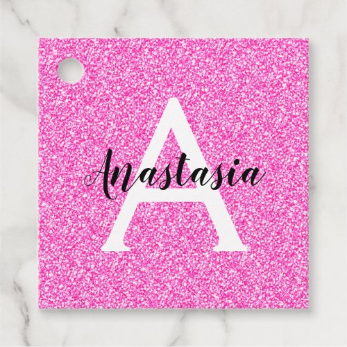 Girly Glam Hot Pink Glitter Sparkles Monogram Name Favor Tags